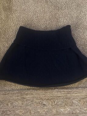 Fitted Black Knit Fold-Over Waist Mini Skirt